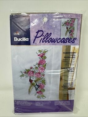 PLAID BUCILLA 2 STAMPED PILLOWCASES HUMMINGBIRD FLORAL 20" X 30" CRAFT KIT